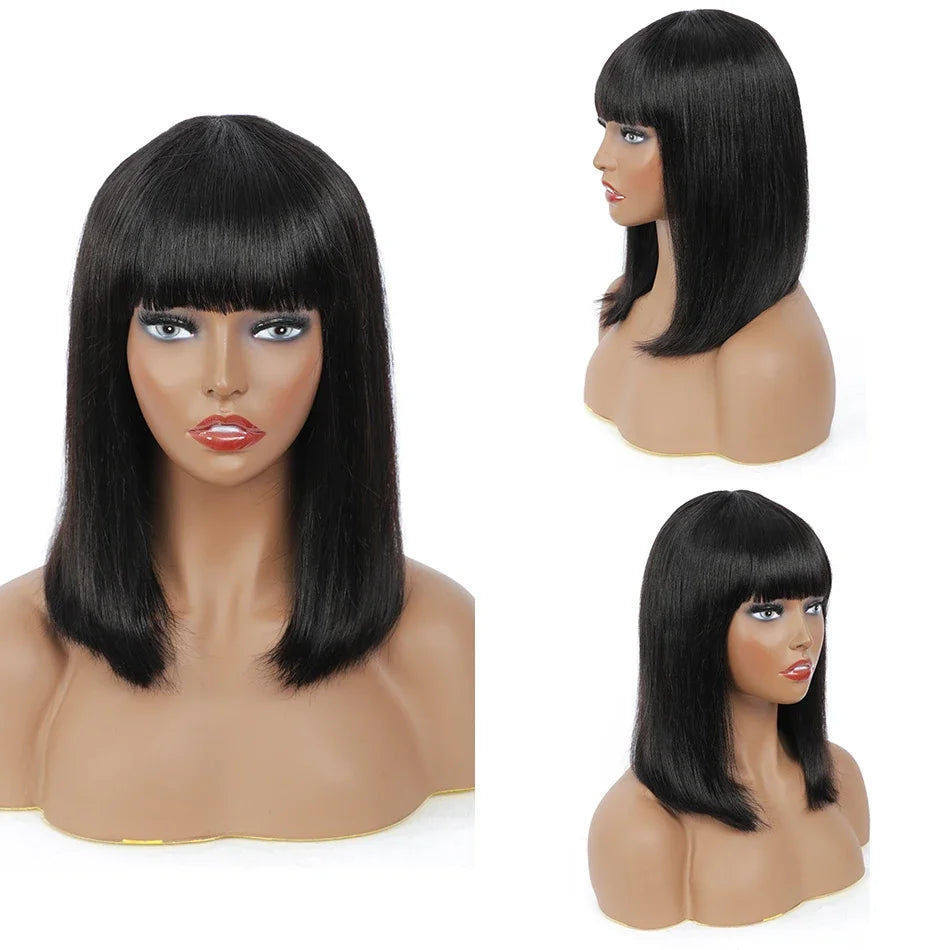 Peruvian Straight Bob Wig with Bangs | Full Machine Made Human Hair Wig | Natural Color