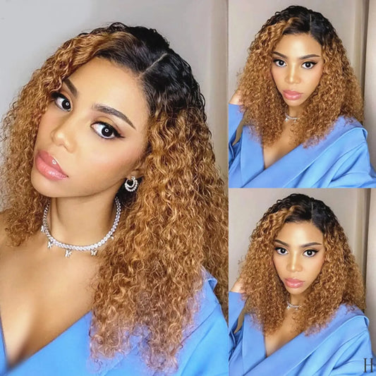Sleek Curly Human Hair Wig | Brown Highlights | 13x1 T Part Lace Wig | Brazilian Remy Hair | Water Wave