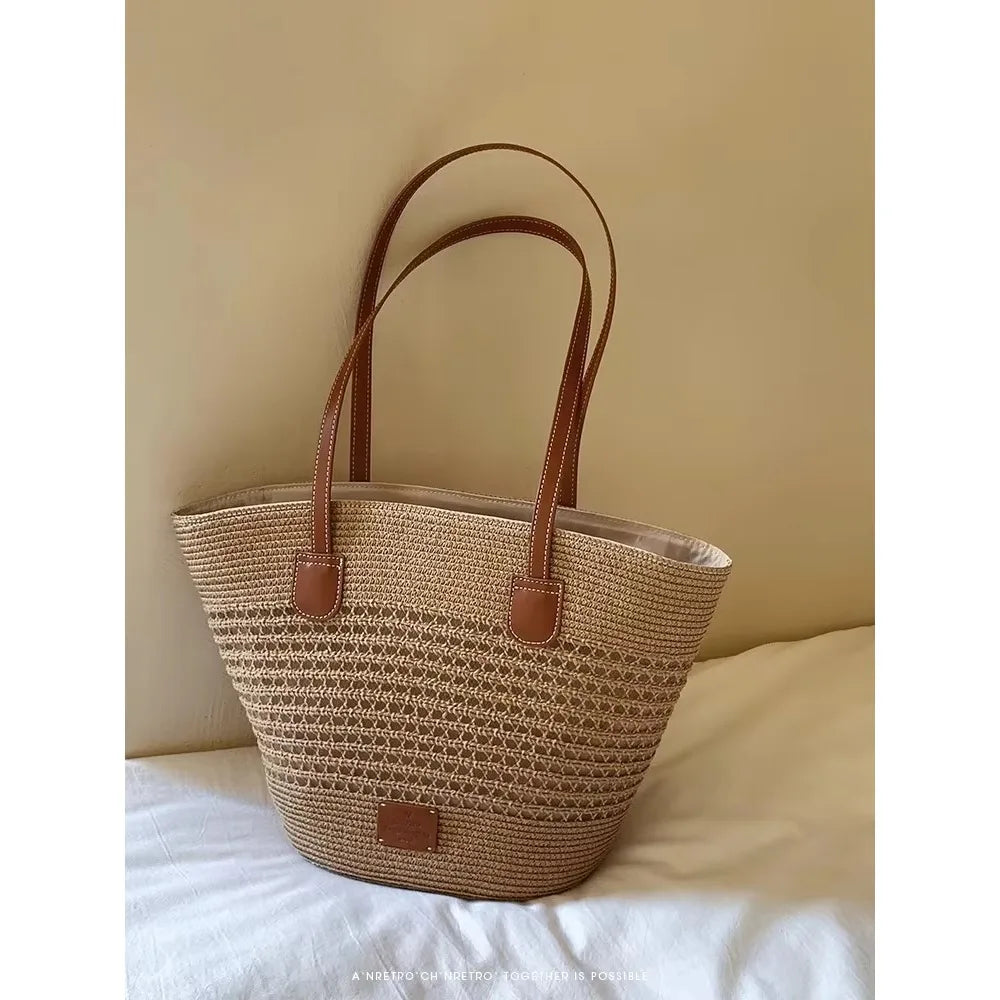 Women’s Large Capacity Straw Basket Handbag | Sophisticated Luxury Designer Beach Bag | Elegant Summer Shopper Tote | Fashion-Forward High-Capacity Shoulder Bag for "Dignified" Seasonal Style Luxegan