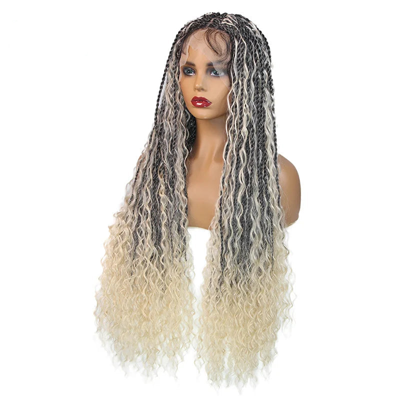 Bohemian Box Braided Wig | Full Lace Senegalese Twist & Goddess Locs Styles | Synthetic Braided Wig | Light Brown Lace