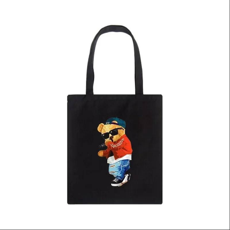 Fashion Bear Print Eco Women Shoulder Bags | Female Handbag Canvas Shopping Bag | Casual Large Ladies Travel Totes Bags Luxegan