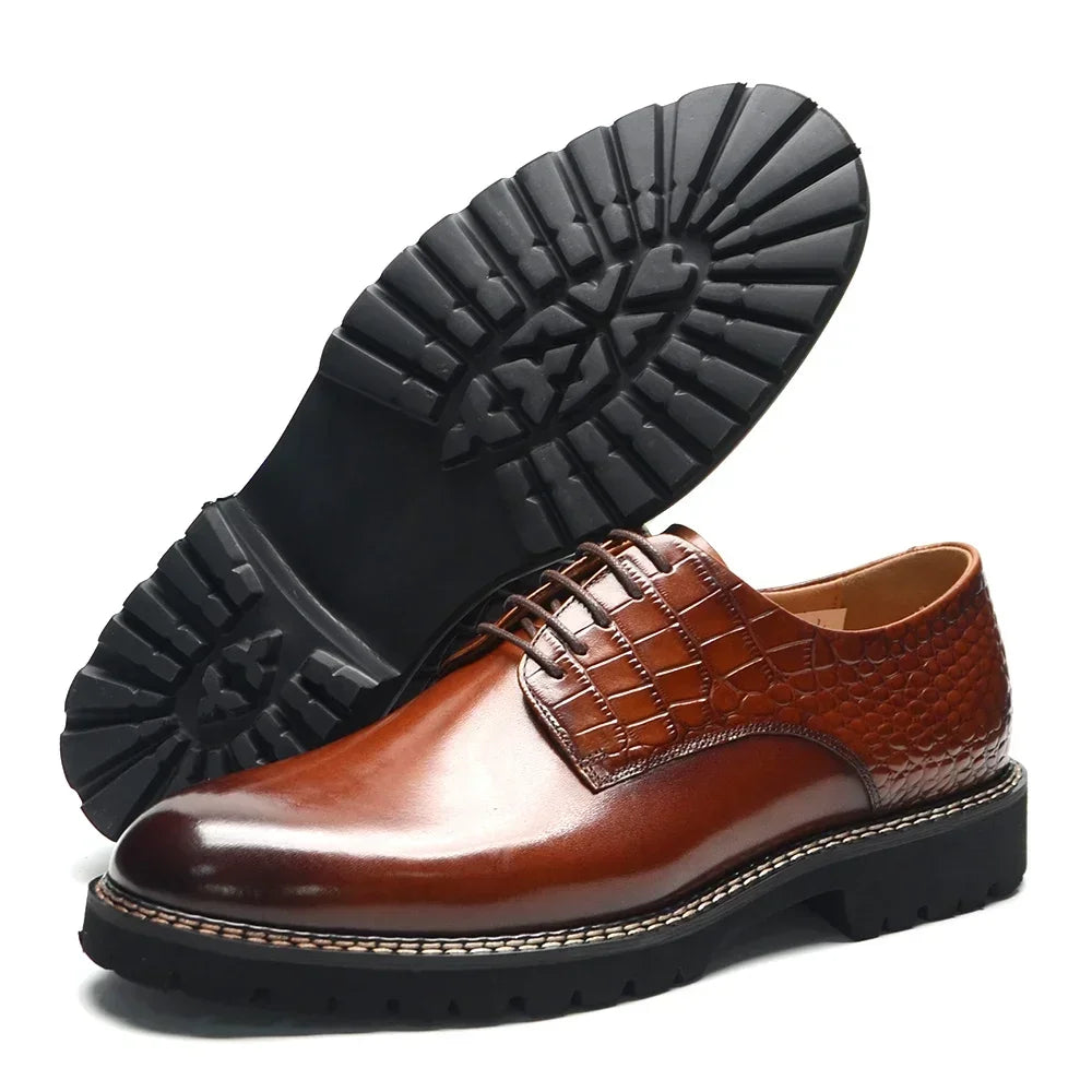 Designer Men's Genuine Leather Casual Derby Shoes | Crocodile Print Business & Social Sneakers (Height Increasing) Luxegan