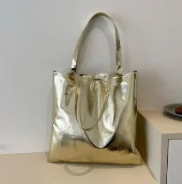 Glossy Fashion Tote Bag | Sophisticated High-Capacity Shopping Pouch | Elegant Shiny Casual Female Purse | "Dignified" Soft TPU Handbag with Top Handles for Versatile Daily Styling Luxegan