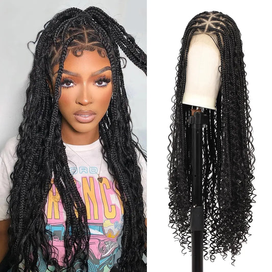36" Knotless Box Braids Wig | Bohemian Style | Curly Ends | Lace Front | With Baby Hair | For Black Women