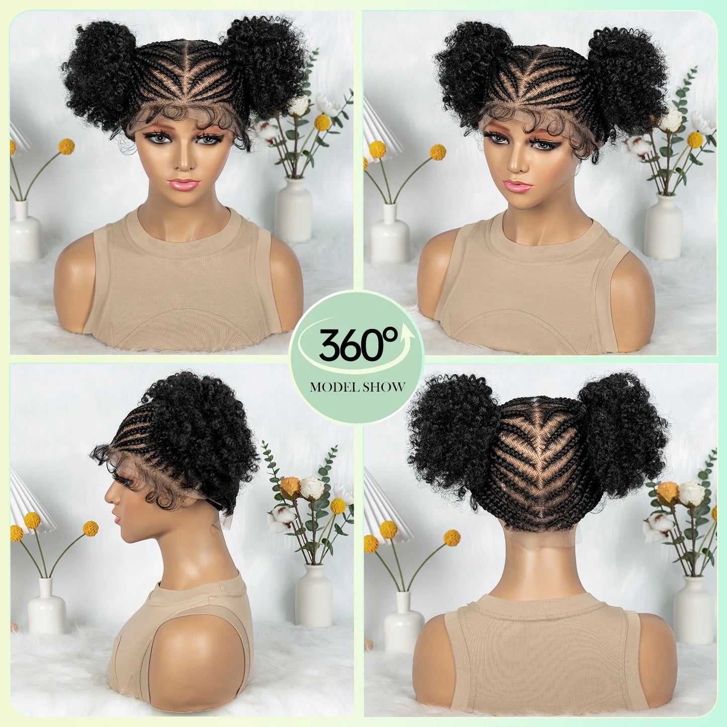 HD Full Lace Cornrow & Box Braid Wig with Double Buns | Transparent Lace Synthetic Hair for Black Women & Girls Luxegan