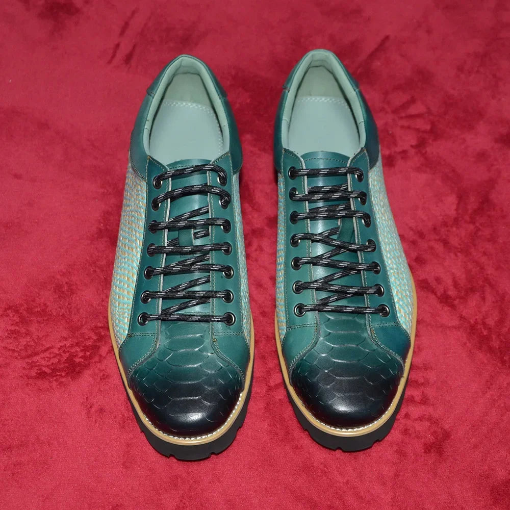 British Style Designer Men's Genuine Leather Derby Shoes | Duotone Hand-Painted Plaid Casual Sneakers (Height Increasing) Luxegan