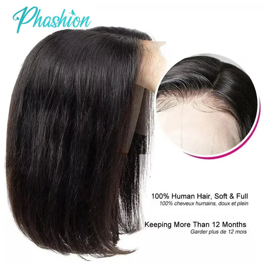 Phashion 2x6 4x4 Glueless Straight Short Bob Wigs With Natural Hairline For Black Women 100% Remy Human Hair Blunt Cut On Sale