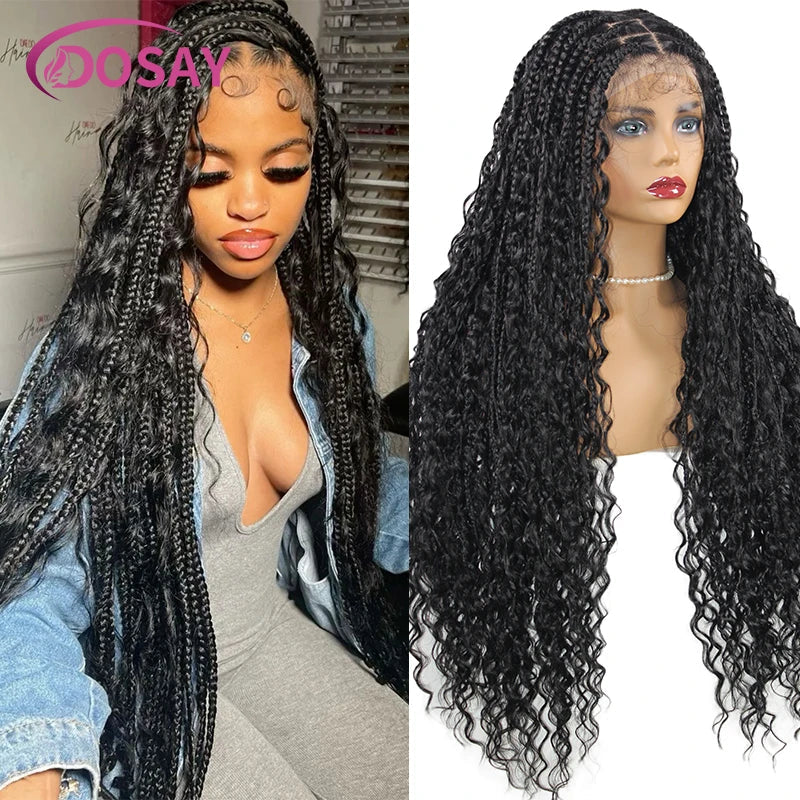 Boho Box Braided Wigs Curly Hair Synthetic Full Lace Front Wigs for Women Goddess Locs Braid Wig Burgundy Bohemian Box Braid Wig Luxegan