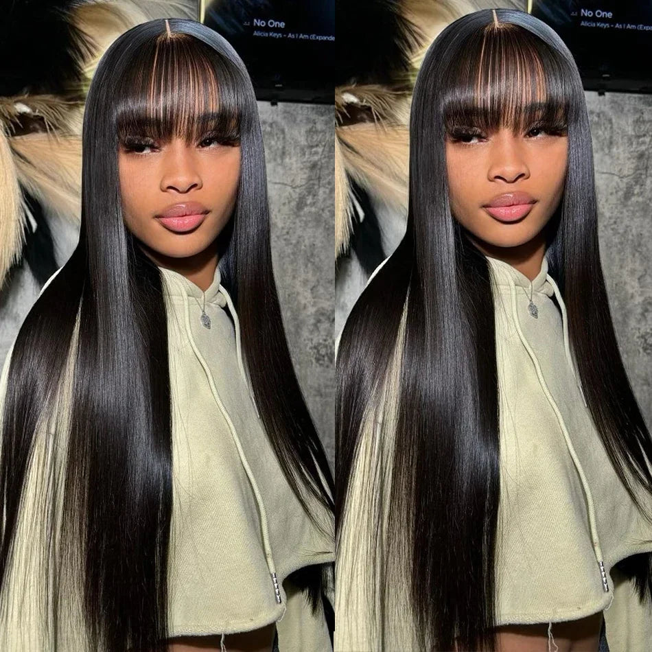 Bone Straight Middle Part Lace Wig | Sophisticated 3x1 Lace Closure Fringe Wig | Elegant "Brazilian Remy" 26+ Inch Length | "Dignified" Glueless Full Machine-Made Hair for Radiant Versatile Styling Luxegan