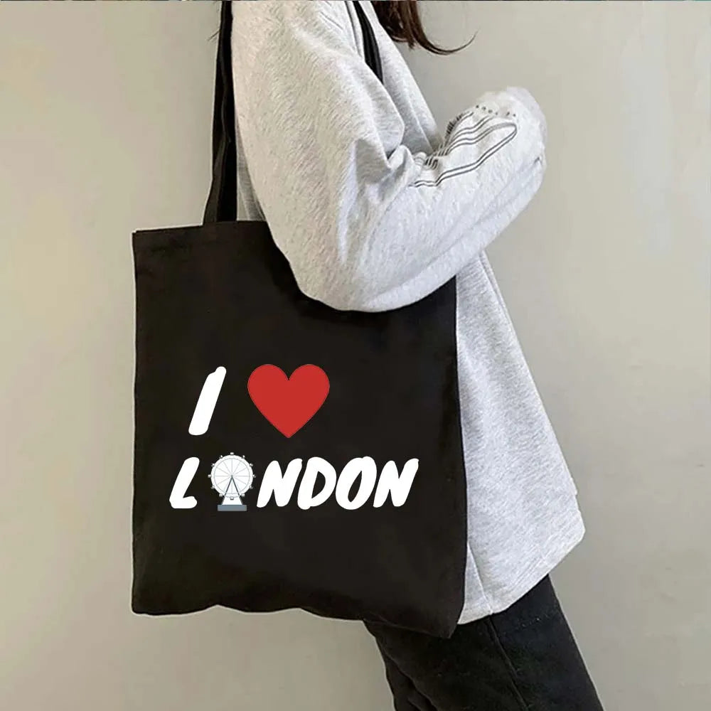 London Big Ben England Map Flag Canvas Tote Bag | UK City Landscape Skyline Shoulder Shopping Handbag (Women's Tourist Gift) Luxegan