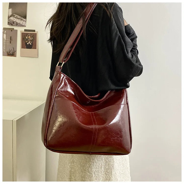 Red Large Capacity Oil Wax Leather Shoulder Bag | Bright Surface Women's New All-match Tote Bags | Casual High Quality Handbag Luxegan