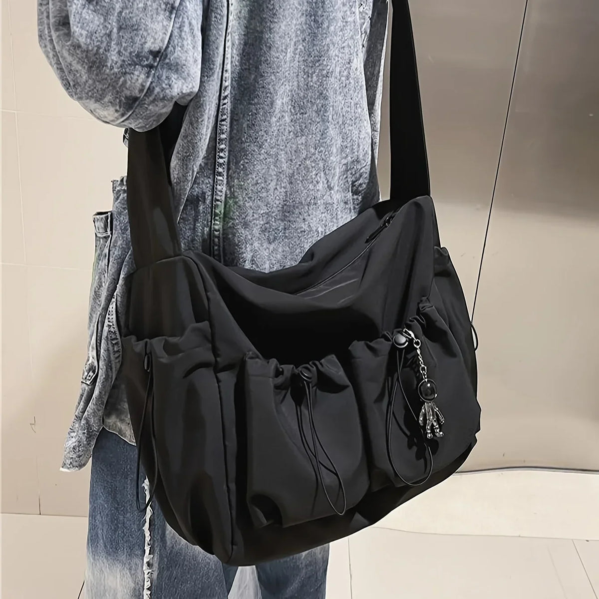 Fashionable Drawstring Crossbody Messenger Bag | Spacious & Secure Zippered Nylon Tote | Unisex Casual Shoulder Bag with Stylish Bag Charm Luxegan