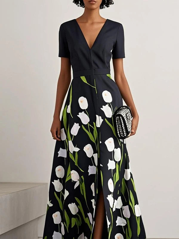 Yeezzi 2025 New Women's Elegant Floral Printed V-neck Shirts Dress Short Sleeves Split-Front A-Line Party Evening Maxi Dresses