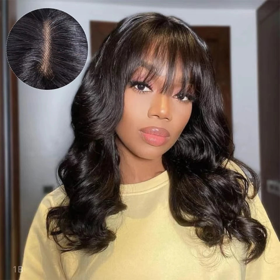 Natural Color 24" Body Wave Wig with Bangs | 180% Density Remy Human Hair Middle Part Lace Luxegan