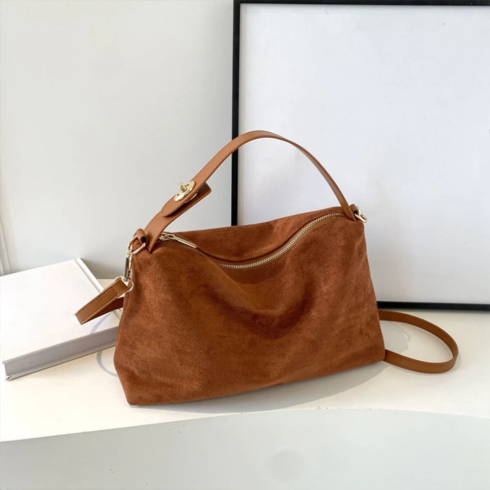 Women’s Big Boston Tote Bag | Soft Matte Faux Suede Messenger Handbag | Trendy Autumn/Winter Shoulder & Crossbody Bag | Large Capacity Satchel in Grey and Brown Luxegan