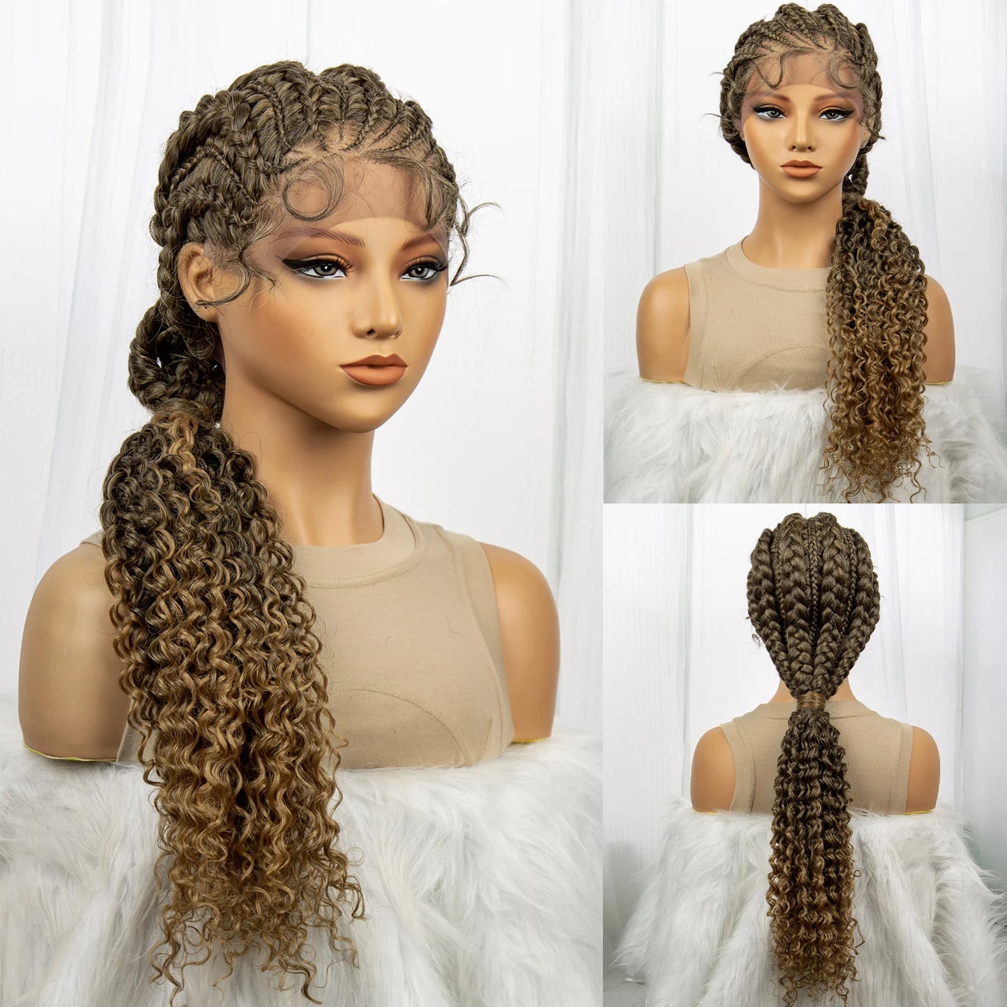 Curly Ends Cornrow Box Braids Wig | Handmade Lace Front | Baby Hair Luxegan