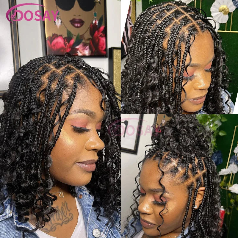 12" Curly Boho Braids Bob Wig | 360 Full Lace | Knotless Box Braids | Baby Hair Luxegan