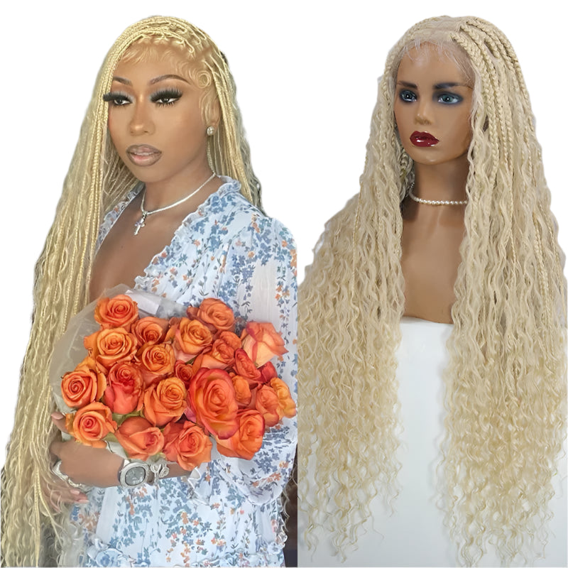 Boho Curly End Braided Full Lace Front Wig | Goddess Locs | Knotless Box Braids | Synthetic Bohemian Wig Luxegan