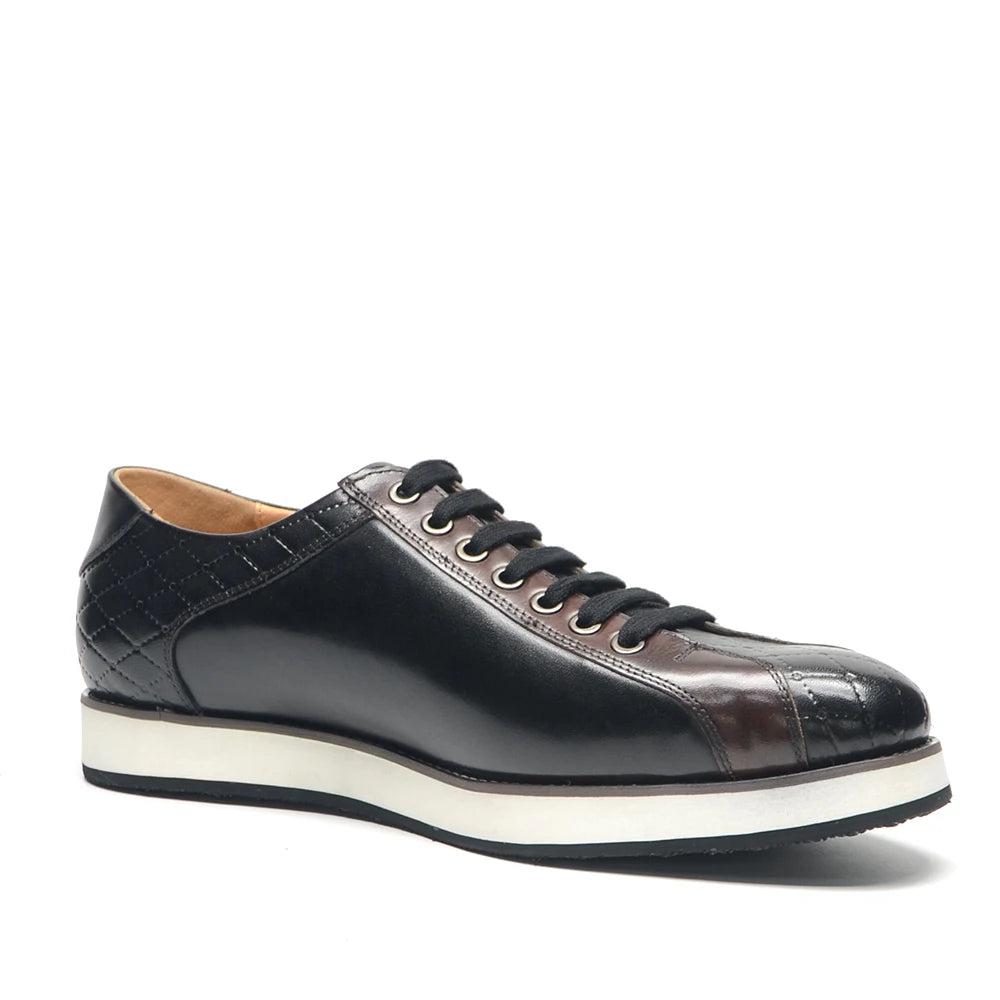 Europe 2024 Fall Luxury Men's Genuine Leather Plaid Casual Shoes | Black & Dark Brown Business Sneakers (Height Increasing) Luxegan