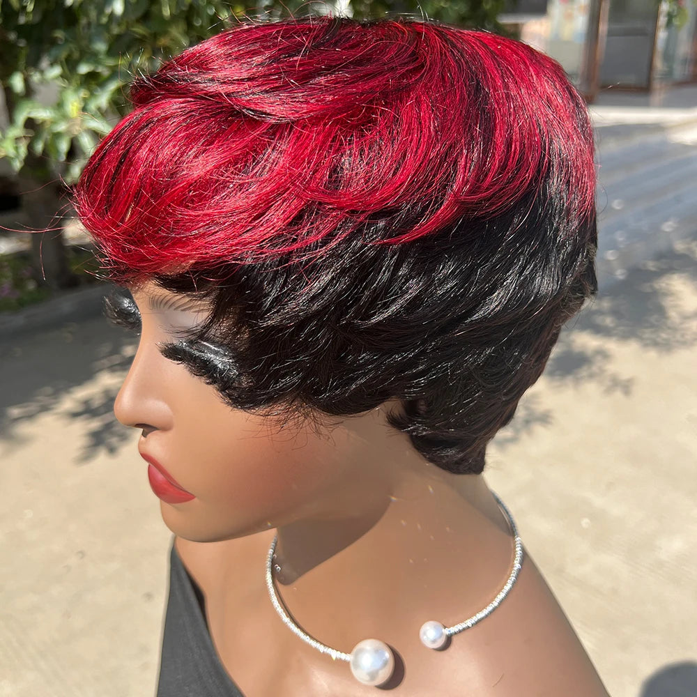 Short Pixie Cut Wig Human Hair | Machine Made Wig with Bangs | Brazilian Remy Hair | Pixie Wig for Black Women