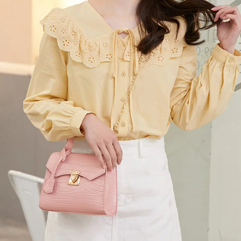 Soft PU Crocodile-Embossed Mini Satchel | Twist Lock Chain Detail Handbag Luxegan
