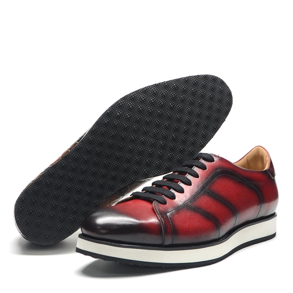 Men's Casual Dress Sneakers | Genuine Leather Hand-Painted Derby Skateboard Shoes (Black, Red) Luxegan
