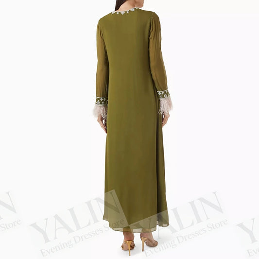 Sequined Feather A-Line Prom Dress | V-Neck Full Sleeve Tea-Length Evening Gown Luxegan