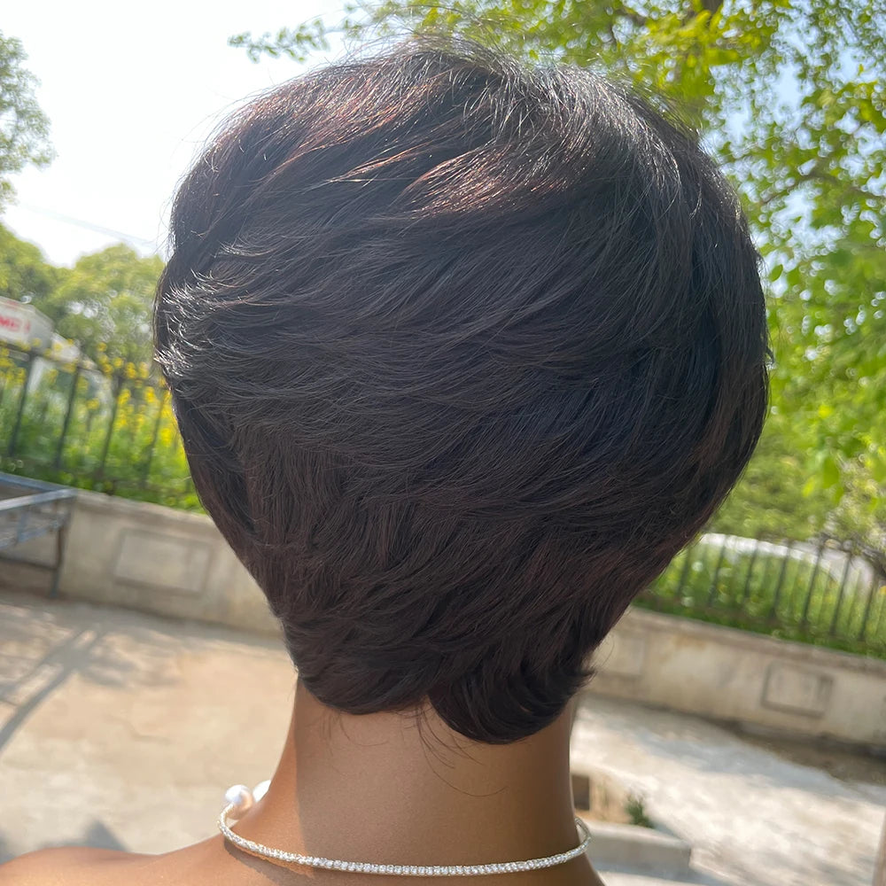 Short Pixie Cut Wig Human Hair | Machine Made Wig with Bangs | Brazilian Remy Hair | Pixie Wig for Black Women