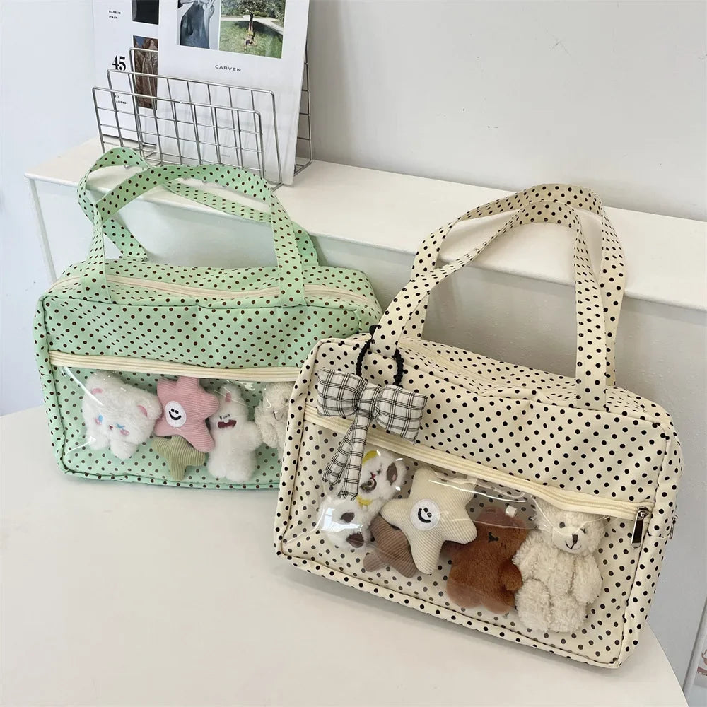 Y2K Ulzzang Ita Bag for Women | Trendy Polka Dot Canvas Shoulder & Underarm Tote (Transparent Pocket, Youth Fashion) Luxegan
