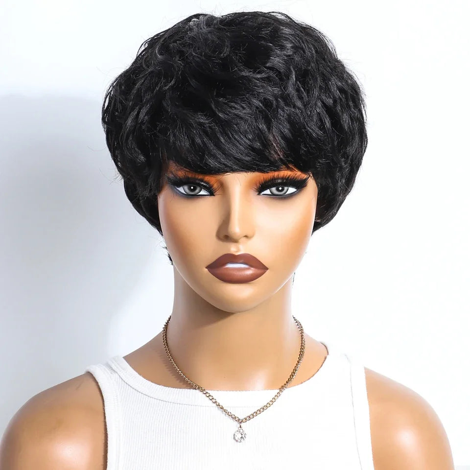 Rebecca P1B/30 Brown Pixie Cut Wig | Curly Side Part Brazilian Human Hair Luxegan