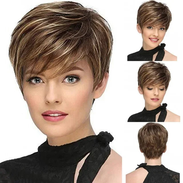 Short Brown Bob Wig with Bangs | Mixed Blonde Synthetic Natural Hair Wig for Women (Soft Mommy Hair, Daily Use) Luxegan