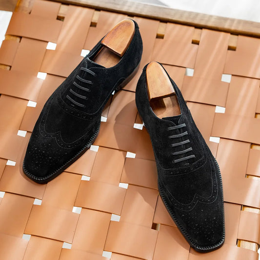 Luxury Men's Cow Suede Wedding Brogues | Sophisticated British Style Genuine Leather Shoes | Elegant "Handmade Quality" Silhouette | "Dignified" Platform Dress Shoes for Radiant Versatile Autumn Styling Luxegan