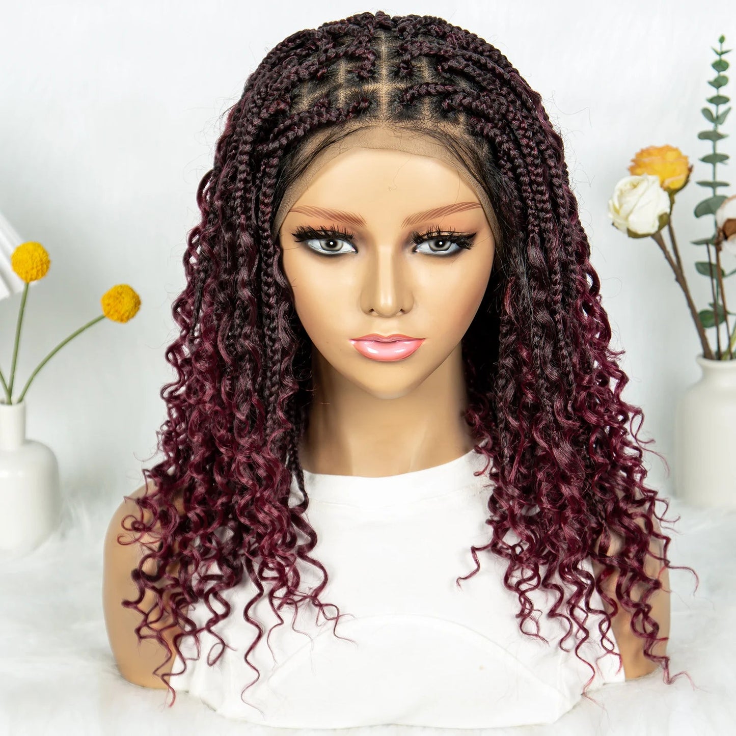 Short Bohemian Box Braids Wig | Full Lace | Curly Ends | Baby Hair | Synthetic Boho Wig Luxegan