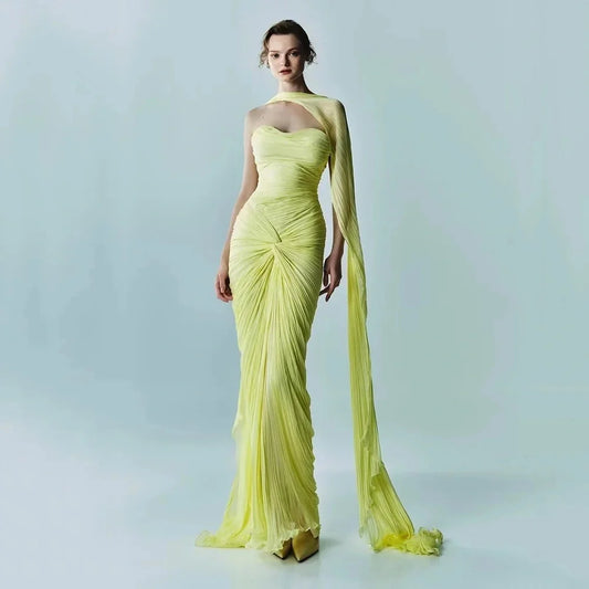 Vestido de fiesta de sirena verde moderno personalizado Ranmo, escote corazón, pliegues de gasa, con capa, largo hasta el suelo, vestido de noche