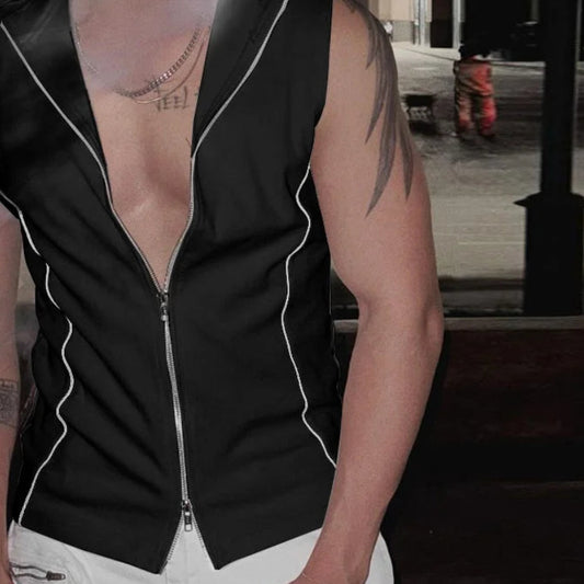 Splicing Line Deconstruction Design Vest | Sophisticated Zipper Detail Tank Top | Elegant "Spring and Summer" Streetwear Silhouette | "Dignified" Solid Broadcloth Top for Radiant Versatile Styling Luxegan