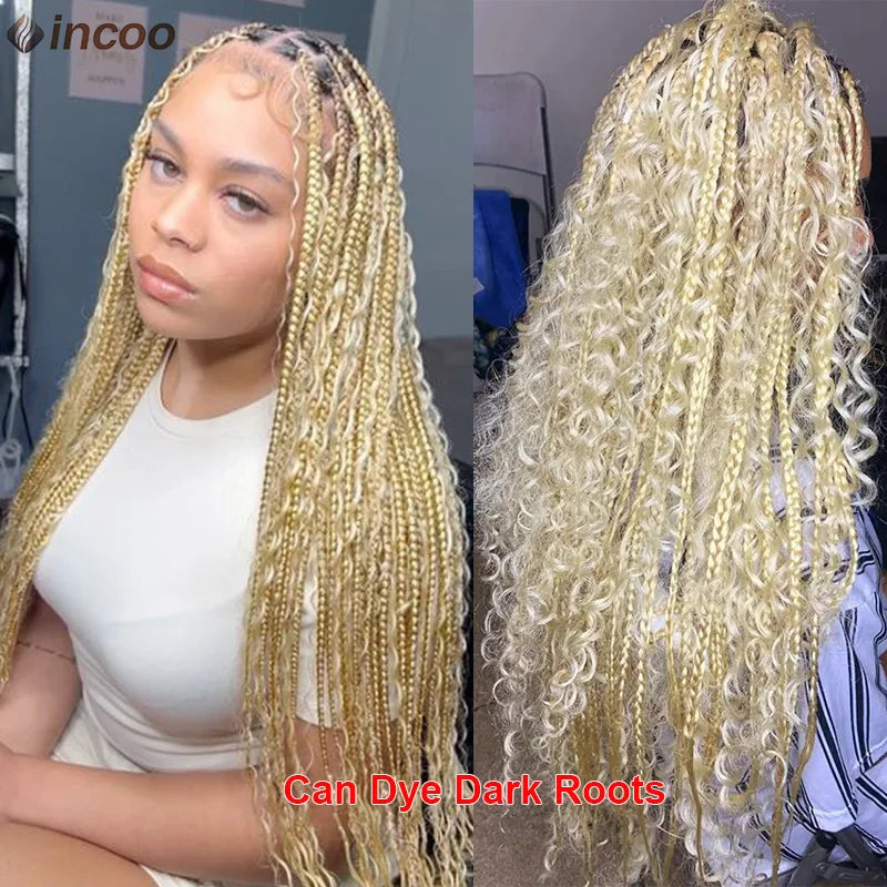 613 Blonde Boho Box Braids Wig | Curly Ends | Full Lace Front | Goddess Locs Accents Luxegan