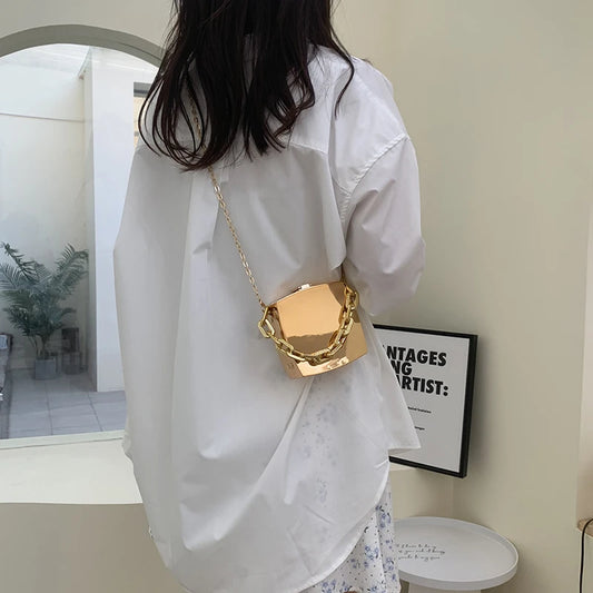 Trend Designer Box Clutch Bag | Luxury Gold & Silver PVC Evening Handbag | High-Fashion Hard Shell Minaudière | Mini Party Chain Shoulder & Crossbody Bag (Model 4252) Luxegan
