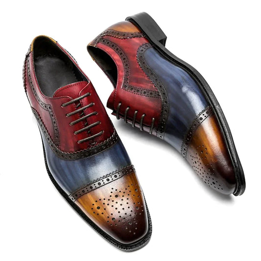 Color Block Genuine Leather Oxford Shoes | Sophisticated Tricolor Cap Toe Brogues | Elegant "Full Grain Cowhide" Silhouette | "Dignified" Gentleman’s Dress Shoes for Radiant Versatile Business & Party Styling Luxegan