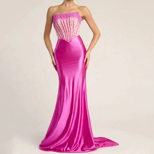 Beaded Backless Mermaid Evening Gown | Strapless Sleeveless Floor-Length Prom Dress - view 2