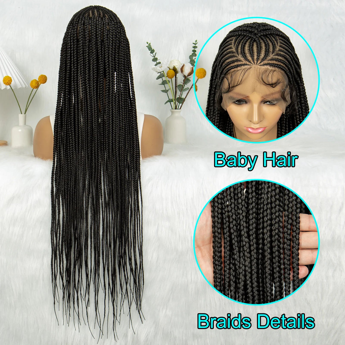Box Braids Wig 36Inch Cornrow Braided Wigs Synthetic Full Lace Braided Wig for Black Women Blended Lace Front Braiding Hair Wig Luxegan