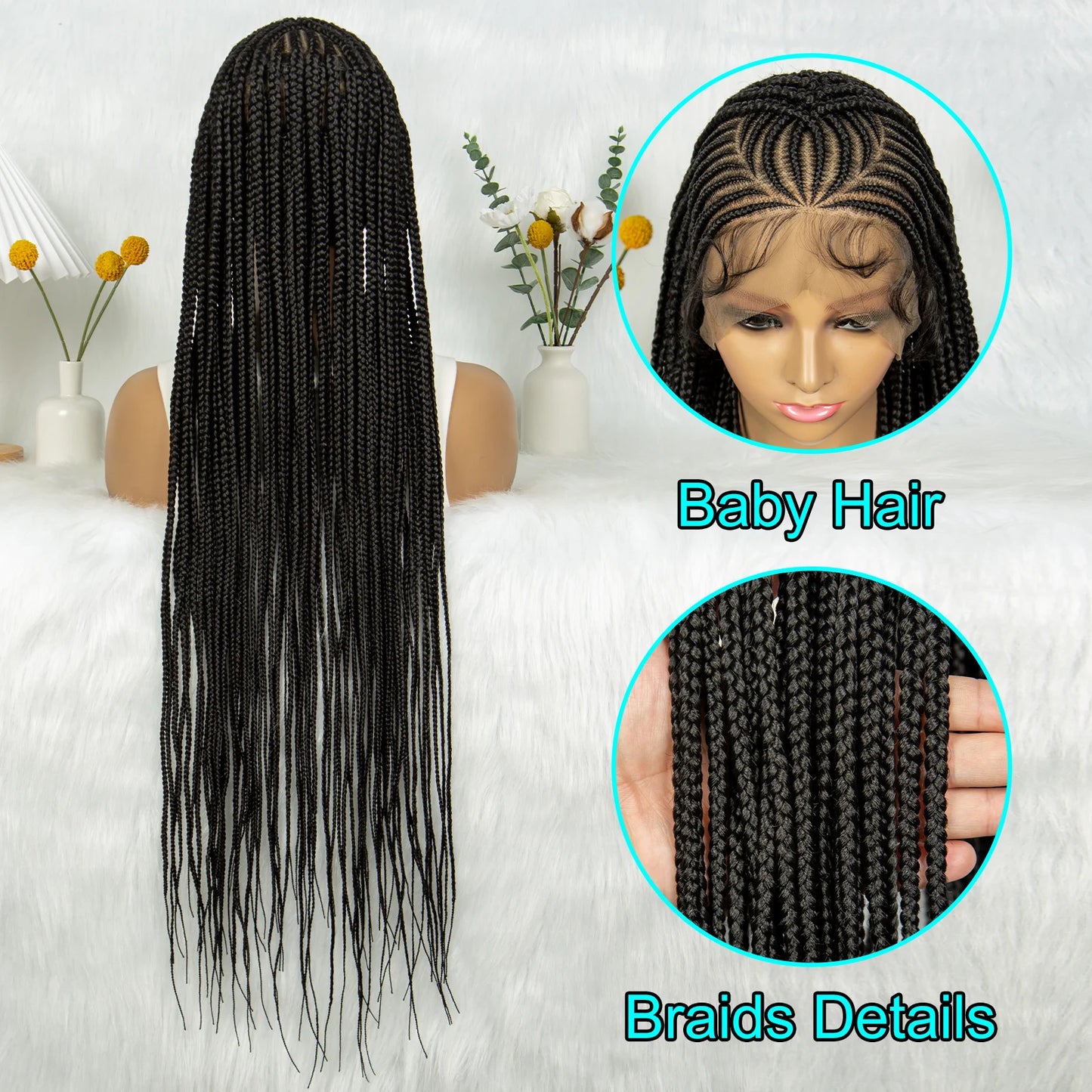 36" Cornrow Braided Wig | Full Lace Braided Wig | Box Braids | Long Braids | Synthetic Hair | Black Women