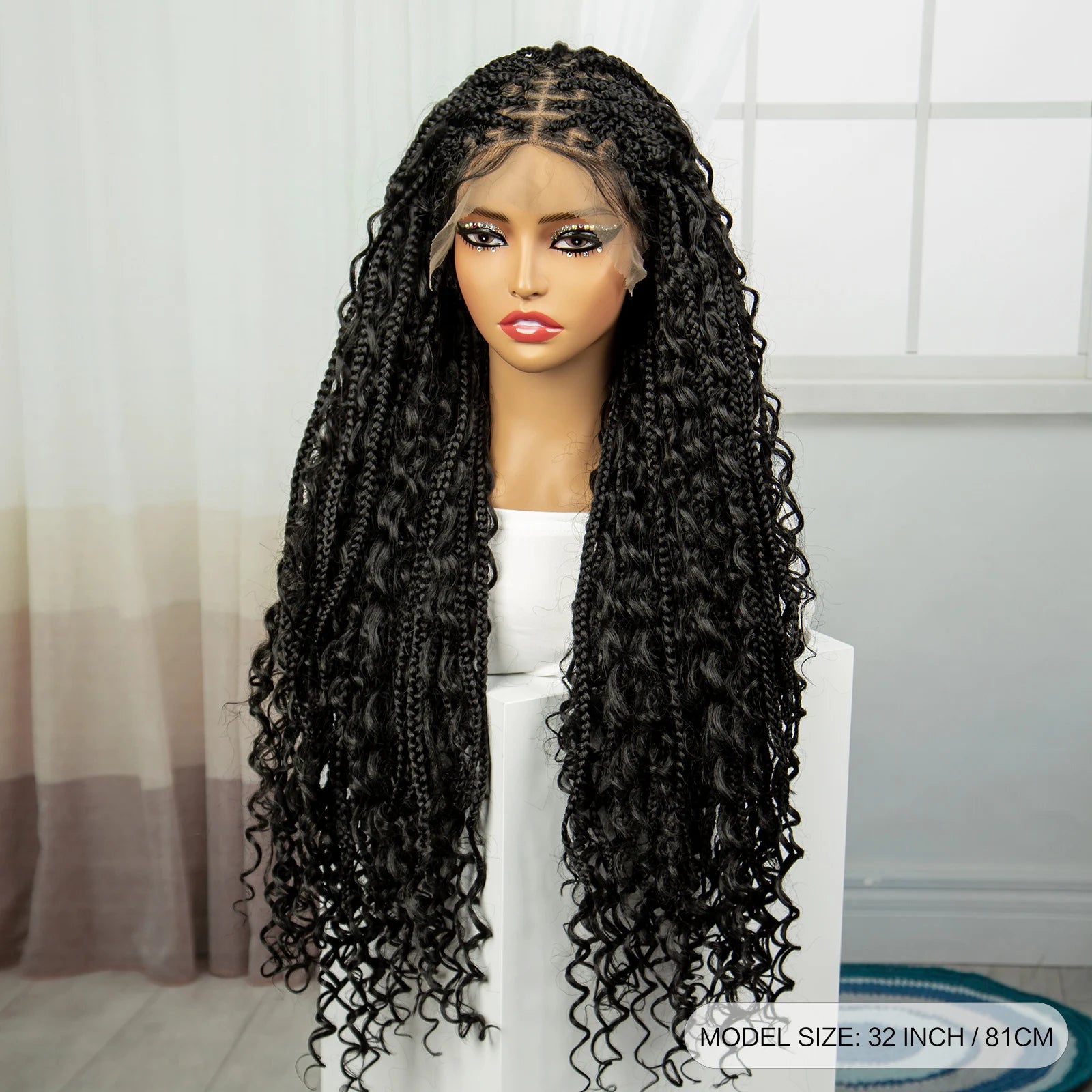 36" Knotless Box Braids Wig | Bohemian Style | Curly Ends | Lace Front | With Baby Hair | For Black Women