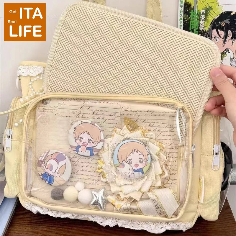 Italife New Women Cute Lace Ita Bag with Pearl Bow | Kawaii Large Tote with Insert for Pin Display | Comic Con Big Handbag Luxegan