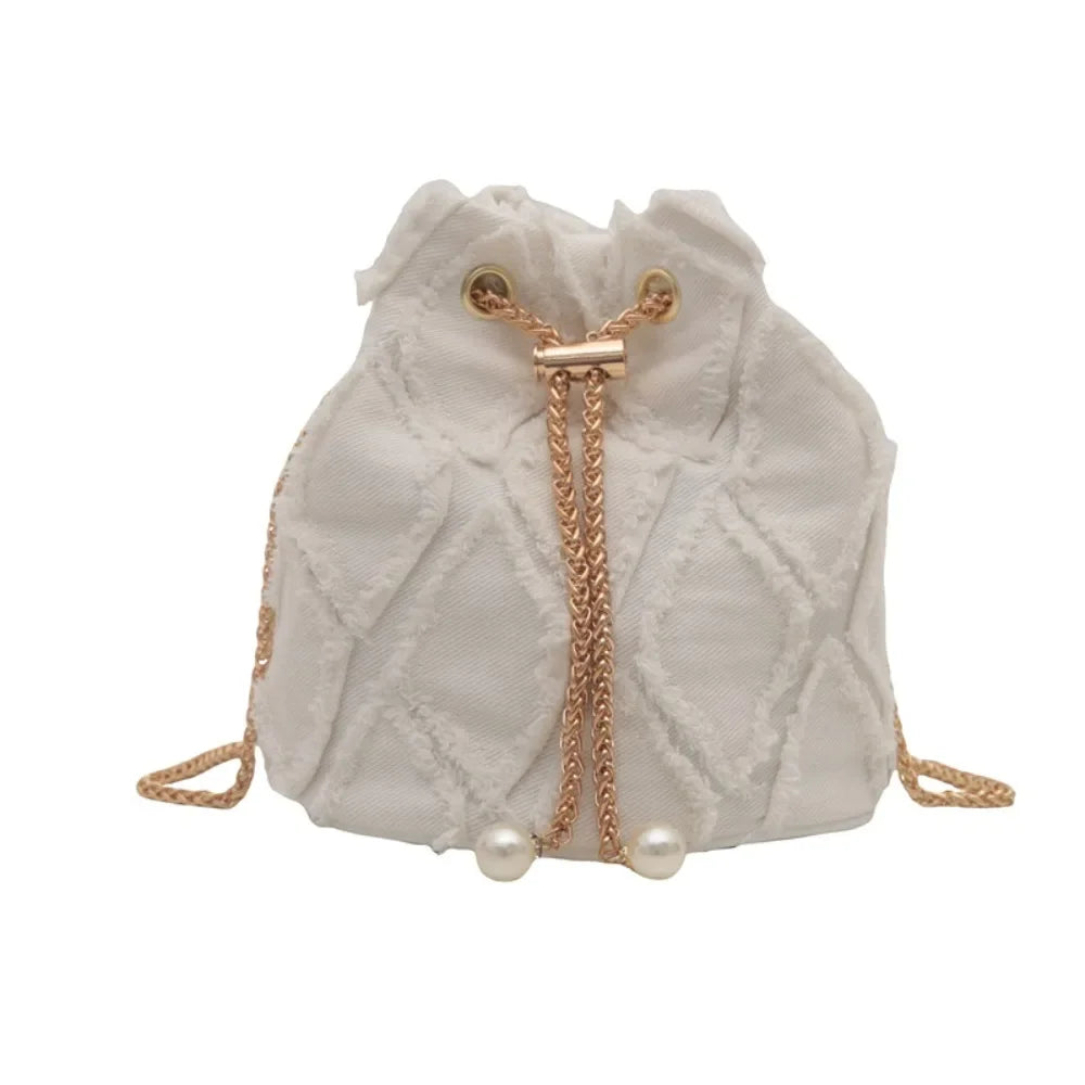Portable Pearl Denim Bucket Bag | Chain Small Purse Tassel Denim Crossbody Bag | Korean Style Handbag Cloth Shoulder Bag (Casual Tote) Luxegan