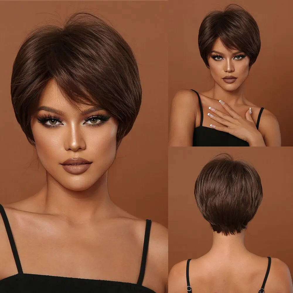 Natural Black Pixie Cut Wig with Fluffy Bangs | Short Layered Heat-Resistant Synthetic Hair for Daily Wear Luxegan