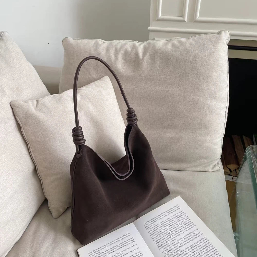 All-Match Chamois Matte Suede Cowhide Leather Tote | Large Capacity Designer Maillard Dressing Coffee Winter Ladies Handbag Luxegan