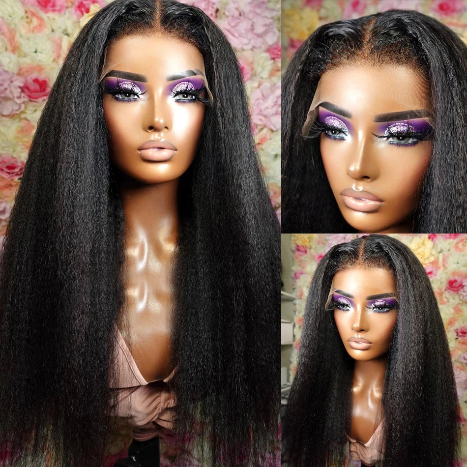 Kinky Straight 360 HD Lace Frontal Wig | Yaki Straight Ponytail Human Hair Wig for Black Women (Transparent Lace, Clearance Sale) Luxegan
