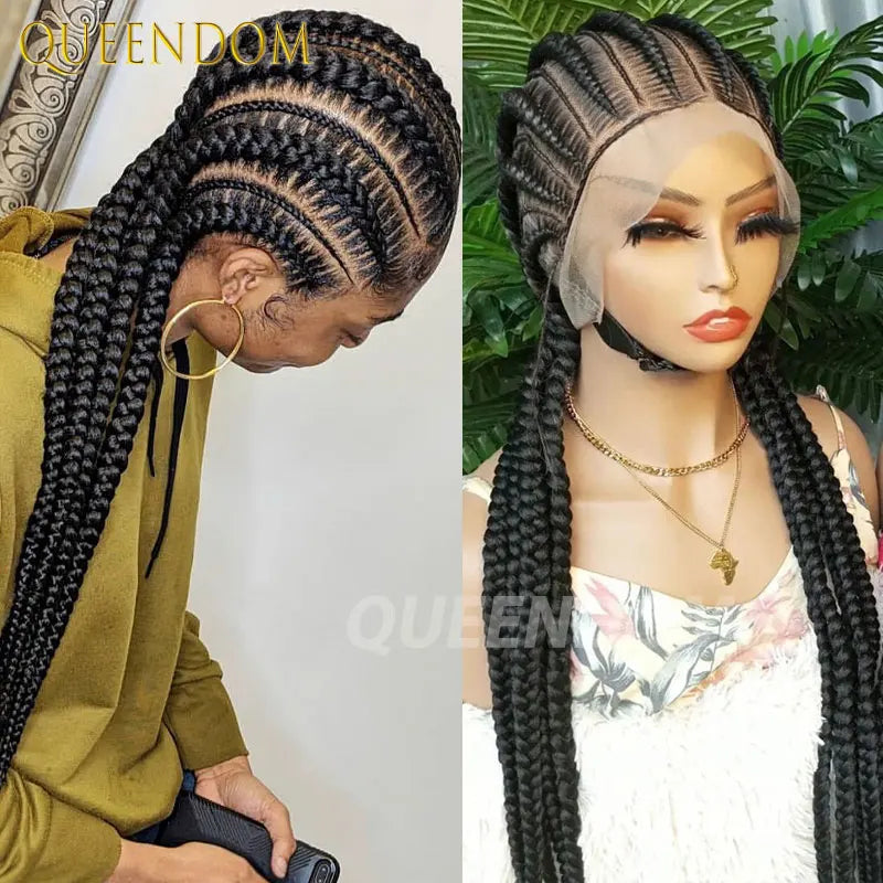 Synthetic Full Lace Cornrow Box Braided Wig 36" Lace Front Wigs Jumbo Braids Wig For Black Africa Women Braids Wig Braiding Wigs Luxegan