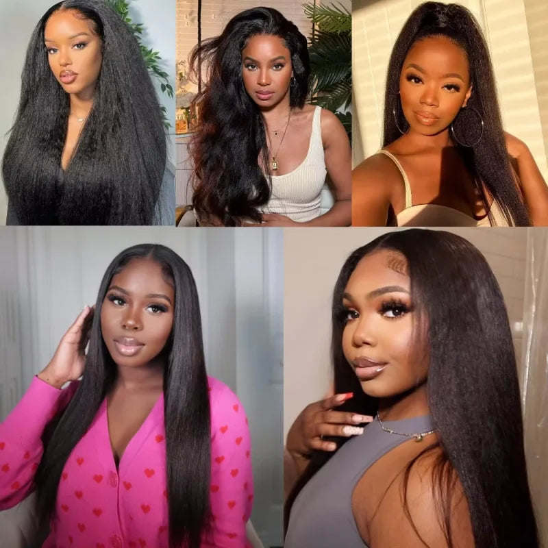 Kinky Straight 360 HD Lace Frontal Wig | Yaki Straight Ponytail Human Hair Wig for Black Women (Transparent Lace, Clearance Sale) Luxegan