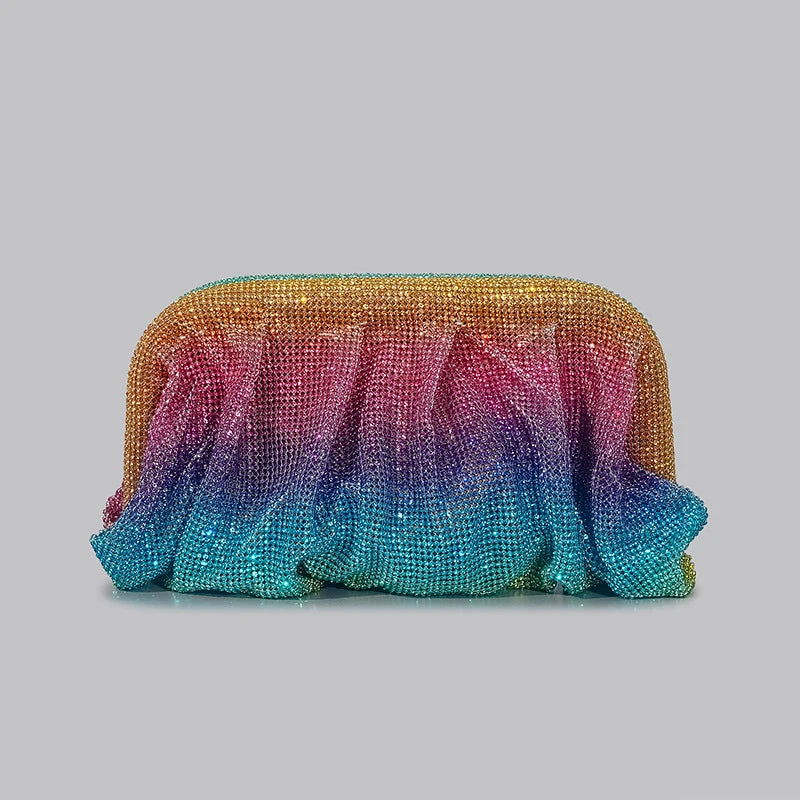 Shiny Ruched Rhinestone Evening Clutch | Designer Gradient Love Hearts Party Bag | Sparkling Diamond Encrusted Female Purse | Luxury Metallic Fashion Clutch for Weddings & Gala Events Luxegan
